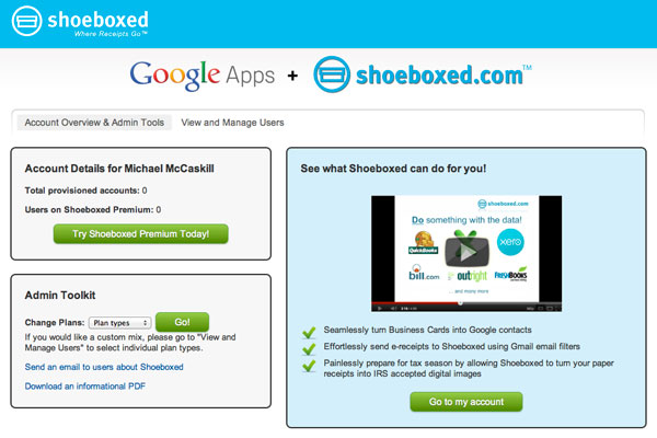 Shoeboxed Google Apps Admin Dashboard