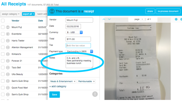 Add a note to a Shoeboxed receipt by clicking on the Notes field in the receipt details 