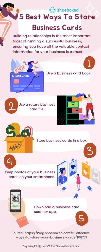 Bonus infographics: Best ways how to store business cards 
Title: 5 Best Ways to Store Business Cards
 
Sub-title: Building relationships is the most important facet of running a successful business, ensuring you have all the valuable contact information for your business is a must. 

Info text:

Use a business card book 
Use a rotary business card file 
Store business cards in a box 
Keep photos of your business cards on your smartphone
Download a business card scanner app
