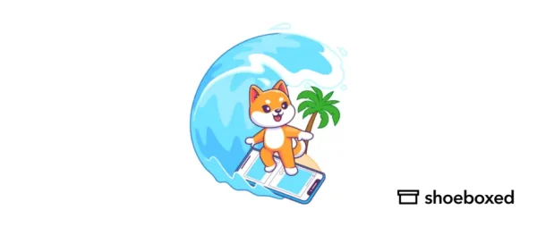 Shoeboxed Mascot surfing on a wave