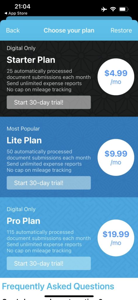 Digital only plan on shoeboxed mobile app