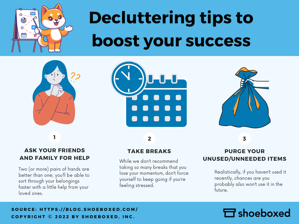 Decluttering tops to boost your success.
1. Ask your friends and family for help. Two (or more) pairs of hands are better than one; you'll be able to sort through your belongings faster with a little help from your loved ones.
2. Take breaks. While we don't recommend taking so many breaks that you lose your momentum, don't force yourself to keep going if you're feeling stressed.
3. Purge your unused/unneeded items. Realistically, if you haven't used it recently, chances are you probably also won't use it in the future. 