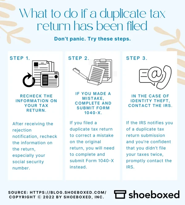 What to do if a duplicate tax return has been filed
Don’t panic. Try these steps. 

Step 1. Recheck the information on your tax return.
After receiving the rejection notification, recheck the information on the return, especially your social security number. 

Step 2. If you made a mistake, complete and submit Form 1040-X.
If you filed a duplicate tax return to correct a mistake on the original return, you will need to complete and submit Form 1040-X instead.

Step 3. In the case of identity theft, contact the IRS.
If the IRS notifies you of a duplicate tax return submission and you’re confident that you didn’t file your taxes twice, promptly contact the IRS.