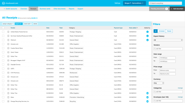 Shoeboxed’s receipt tracking dashboard
