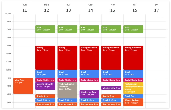 An example of time blocking on your calendar. You create time blocks in your week to reflect the what time and how long you will work for each task. 