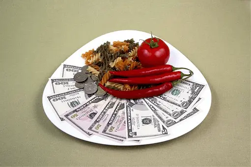 Plate with money, coins, noodles, peepers and tomato, 1zoom.me