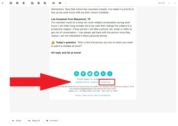 The “unsubscribe” link is at the bottom of the email, The Ladders