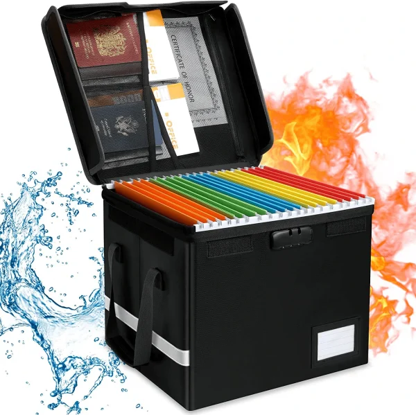 Fireproof and waterproof protection for a filing box Amazon.

Inside, it is filled with two passports, office documents, certificates, and colorful dividers