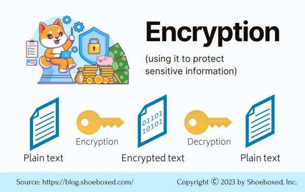 Using encryption will protect sensitive information on your documents.

You have a readable plain text. When you encrypt it, the text become unreadable. After entering the password (the decryption), then you. will be able to read the text again. 

A simplified explanation of how encryption works, Shoeboxed 