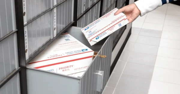 Someone placing USPS packages and mail into an extra-large PO box, USPS