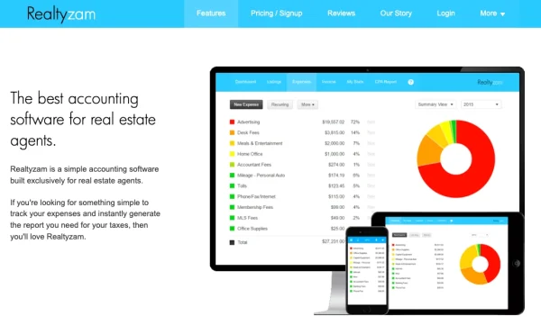 The best accounting software for real estate agents.
Realtyzam is a simple accounting software built exclusively for real estate agents.

If you're looking for something simple to track your expenses and instantly generate the report you need for your taxes, then you'll love Realtyzam.