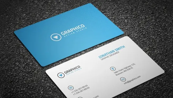 A physical contact card with information on the back and front, Template.net

Front of card: Graphico Design Studio
Back of card: Has company logo, name of person, phone number, address, and email