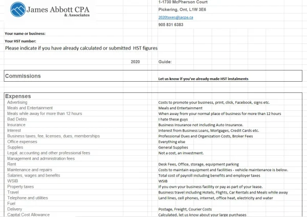 James Abott CPA & Associates' 2020 realtor revenue and expense worksheet