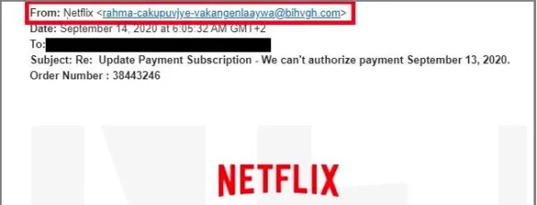 An example of a scam with Netflix, Investopedia

The email name says Netflix, but the actually email address is different.