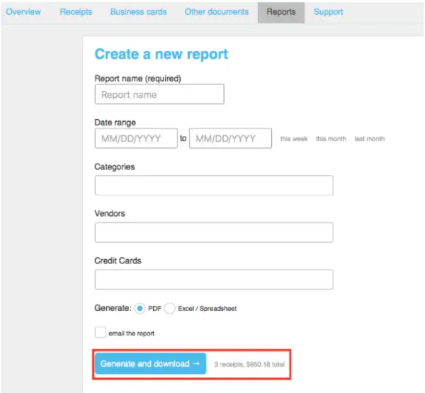 You can generate expense reports from scanned receipts and send them via email for approval. 