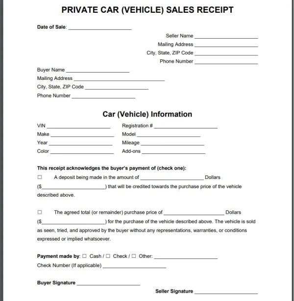 UsefulPDF Car Sales Receipt Template